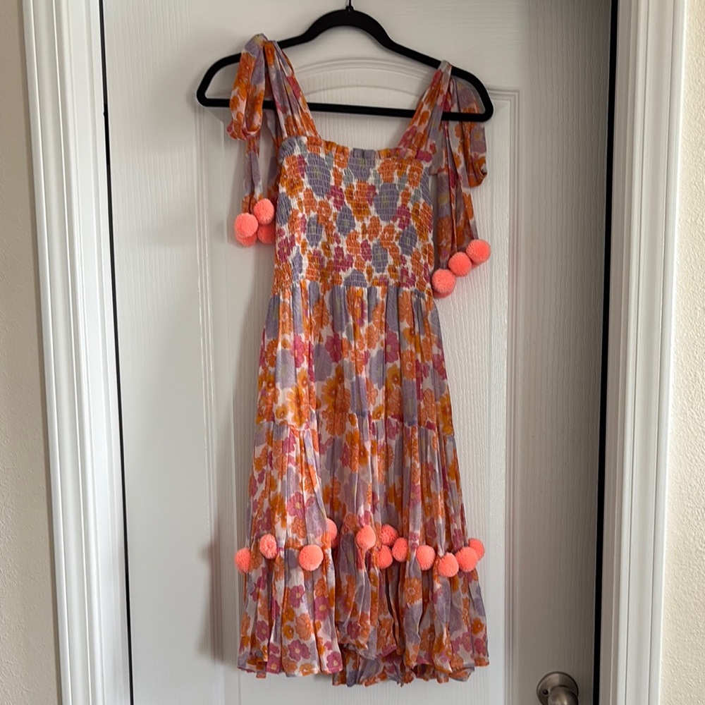 Sundress Floral Dress with Pom Pom Accents